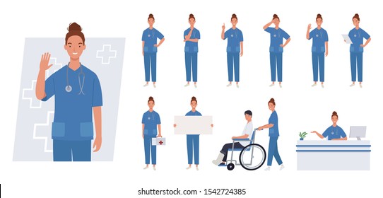 Female Nurse Character Set. Different Poses And Emotions. Vector Illustration In A Flat Style