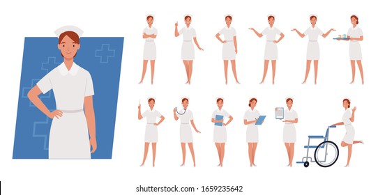 Female nurse character set. Nurse in white uniform. Different poses and emotions. Vector illustration in a flat style