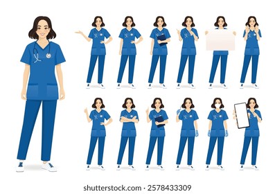 Female nurse character standing in different poses. Isolated vector illustration set