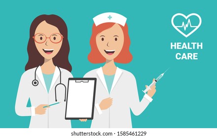 Female nurse and doctor on a blue background, vector flat illustration. The doctor is conducting a medical examination. Medical testing concept.