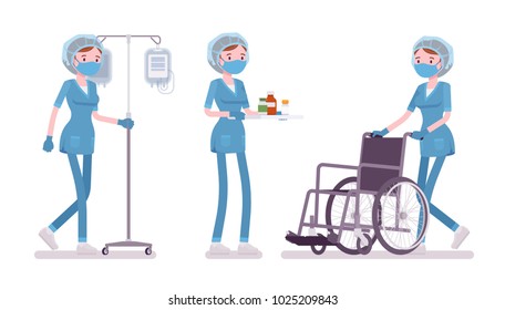 Female nurse doing medical procedure. Young woman in hospital uniform on duty in the clinic. Medicine and healthcare concept. Vector flat style cartoon illustration isolated on white background