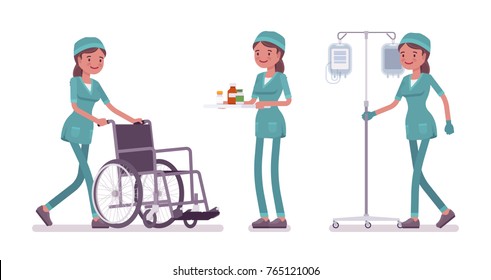 Female nurse doing medical procedure. Young woman in hospital uniform on duty in the clinic. Medicine and healthcare concept. Vector flat style cartoon illustration isolated on white background