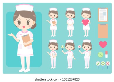 Female nurse flat vectors cartoon style in various poses