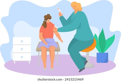 Female nurse giving injection to young patient in clinic. Healthcare professional vaccinating woman in medical office vector illustration.
