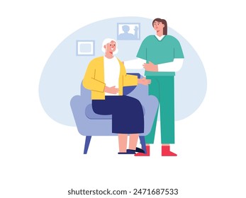 Female nurse with grandmother sitting on sofa, nursing home service. Character design. Vector flat illustration