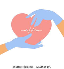 Female nurse hands in medical gloves hold heart. Cardiac assistance concept. Symbol of empathy, generosity, healthcare, charity. Vector isolated illustration. Heart treatment and donation.