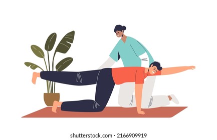 Female nurse helping patient with physical rehabilitation and recovery after illness or accident. Young man doing exercises for medical rehab. Physio therapy concept. Cartoon flat vector illustration