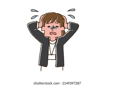 Female nurse holding her head Comical handwritten person Vector, color on line drawing