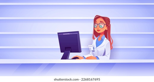 Female nurse hospital receptionist sitting at table background vector. Cartoon illustration with beautiful female doctor character on reception in medical clinic in uniform with badge.