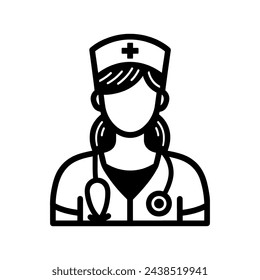 Female nurse icon. Simple black silhouette of female nurse. Concept of healthcare professionals and medical services. Vector illustration.