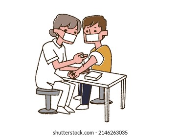 Female nurse injecting a man (mask) Comical handwritten person Vector, color on line drawing
