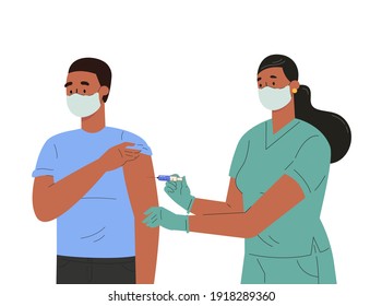 Una enfermera le hace una vacuna a un paciente varón. Ilustración conceptual para la salud de la inmunidad. Vacuna de Covid. Médico con guantes y máscara protectora. Ilustración plana aislada en fondo blanco. 