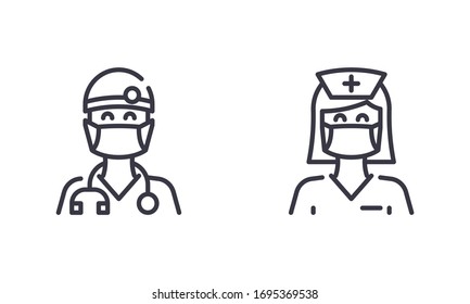 Female Nurse and Male Doctor Wear Medical Face mask to Protect Themself from Coronavirus or Covid-19. Outline Illustration Vector. EPS 10. Editable Stroke.