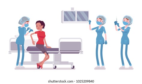 Female nurse at medical procedure. Young woman in hospital uniform doing treatment or operation. Medicine and healthcare concept. Vector flat style cartoon illustration isolated on white background