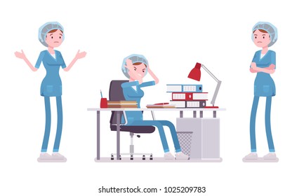 Female nurse in negative emotions. Young woman in hospital uniform, tired and exhausted at work. Medicine and healthcare concept. Vector flat style cartoon illustration isolated on white background