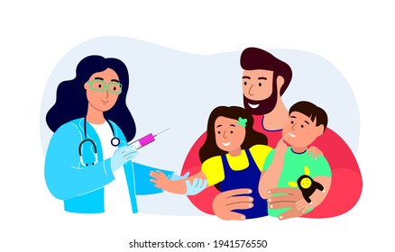 Female Nurse Pediatrician Doctor Vaccinate Children.COVID pandemic Inoculation Concept illustration for immunity health.Father with Kids in hospital.Doctor in medical Uniform.Flat Vector illustration