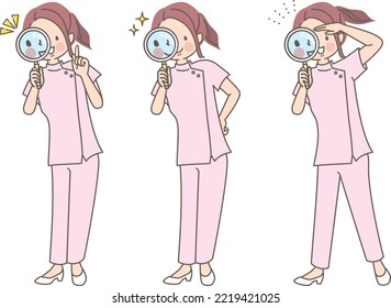 Female nurse peeking out of magnifying glass vector illustration