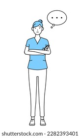 Female nurse, physical therapist, occupational therapist, speech therapist, nursing assistant in Uniform with crossed arms, deep in thought, Vector Illustration