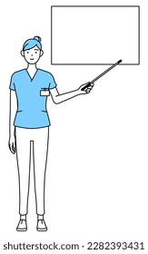 Female nurse, physical therapist, occupational therapist, speech therapist, nursing assistant in Uniform pointing at a whiteboard with an indicator stick, Vector Illustration