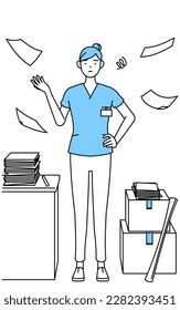 Female nurse, physical therapist, occupational therapist, speech therapist, nursing assistant in Uniform who is fed up with her unorganized business, Vector Illustration