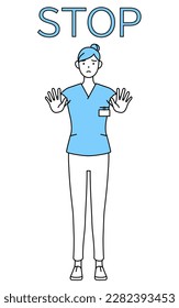 Female nurse, physical therapist, occupational therapist, speech therapist, nursing assistant in Uniform with her hands out in front of her body, signaling a stop, Vector Illustration