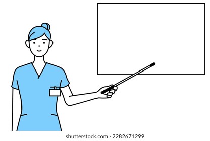 Female nurse, physical therapist, occupational therapist, speech therapist, nursing assistant in Uniform pointing at a whiteboard with an indicator stick, Vector Illustration