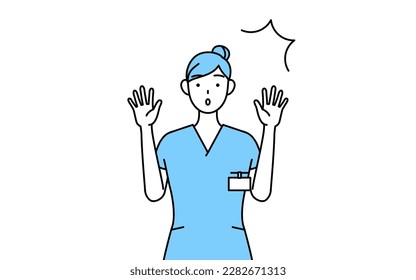 Female nurse, physical therapist, occupational therapist, speech therapist, nursing assistant in Uniform raising her hand in surprise, Vector Illustration