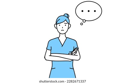 Female nurse, physical therapist, occupational therapist, speech therapist, nursing assistant in Uniform with crossed arms, deep in thought, Vector Illustration