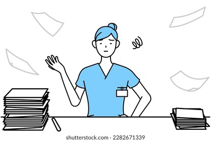 Female nurse, physical therapist, occupational therapist, speech therapist, nursing assistant in Uniform who is fed up with her unorganized business, Vector Illustration