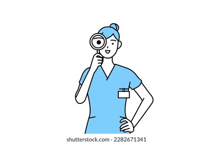 Female nurse, physical therapist, occupational therapist, speech therapist, nursing assistant in Uniform looking through magnifying glasses, Vector Illustration