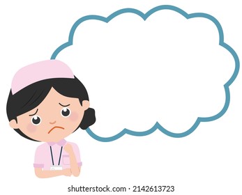 A female nurse in a pink uniform wearing a nurse cap  in trouble with speech bubble