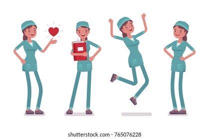 Female nurse in positive emotions. Young woman in hospital uniform happy at work, enjoy career. Medicine and healthcare concept. Vector flat style cartoon illustration isolated on white background