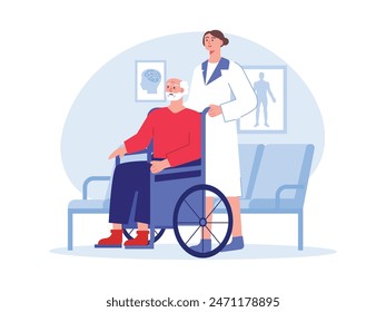 Female nurse pushing grandfather in wheelchair, in medical hospital. Character design. Vector flat illustration 