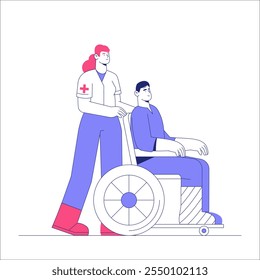 Female Nurse Pushing Male Patient In Wheelchair In Flat Vector Illustration Symbolizing Medical Assistance, Patient Care, And Disability Support, Isolated On White Background.