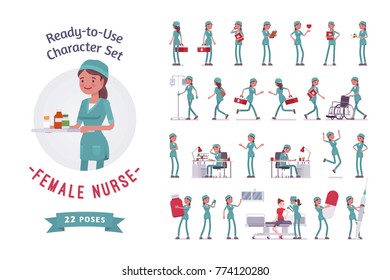 Female nurse ready-to-use character set. Young woman in hospital uniform employed in clinic at work, full length, different views, gestures, emotions, front, rear view. Medicine, healthcare concept