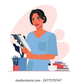 female nurse smiling checking in flat illustration