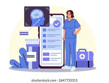 Enfermeira feminina ao lado de uma grande tela de smartphone exibindo dados médicos, com escaneamento cerebral e elementos medicinais, em fundo claro. Ilustração vetorial