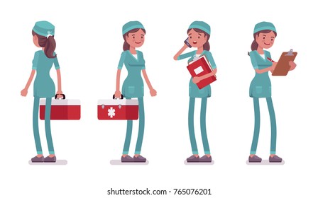 Female nurse standing. Young woman in hospital uniform at workplace, care-giver with box, clipboard. Medicine, healthcare concept. Vector flat style cartoon illustration isolated on white background