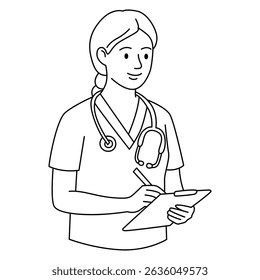 Female nurse with a stethoscope writing on a clipboard. Black and white line art medical illustration, healthcare professional character