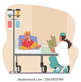 Female nurse supporting and entertaining little child suffering from cancer scene. Woman doctor showing puppet theatre for small sick kid patient during chemo therapy procedure vector illustration