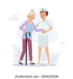 female Nurse is taking care the elderly. medical concept. Flat vector 2d cartoon character illustration 