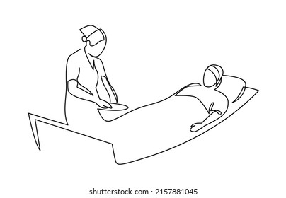 Female nurse taking care to illness patient on medical bed clinic minimalist continuous line vector