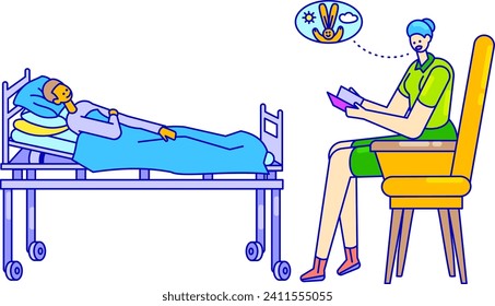 Female nurse taking notes while male patient rests in bed. Hospital room with healthcare professional and sick person. Caring medical staff vector illustration.