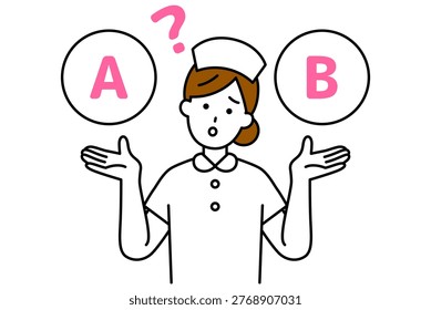 A female nurse is undecided between options A and B.