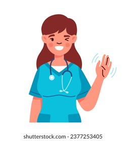 Female nurse in uniform. Woman in blue uniform with stethoscope. Cheerful and happy character. Graphic element for website. Cartoon flat vector illustration isolated on white background