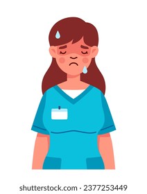 Female nurse in uniform. Woman in blue uniform with stethoscope. Tired doctor with emotional burnout. Poster or banner for website. Cartoon flat vector illustration isolated on white background