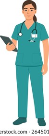 Female Nurse Vector Illustration in Medical Scrubs Holding Clipboard