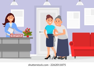 Female nurse or volunteer helping old disabled woman in medical clinic. Social volunteering, support, assistance, diversity concept cartoon vector