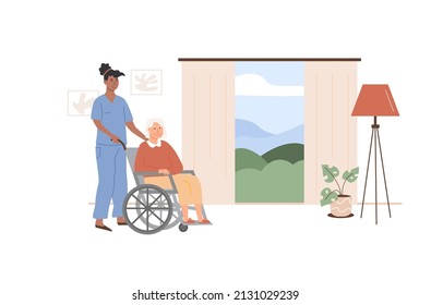 Enfermera o trabajadora voluntaria que cuida a una anciana en silla de ruedas. Escena con ancianos y trabajadores sociales en casa. Centro de atención domiciliaria. Dormitorio en casa de enfermería. Vector.