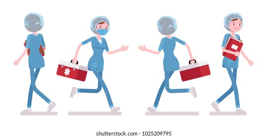 Female Nurse Walking. Young Woman In Hospital Uniform Employed In Clinic, Busy At Work. Medicine, Healthcare Concept. Vector Flat Style Cartoon Illustration Isolated On White Background, Front, Rear